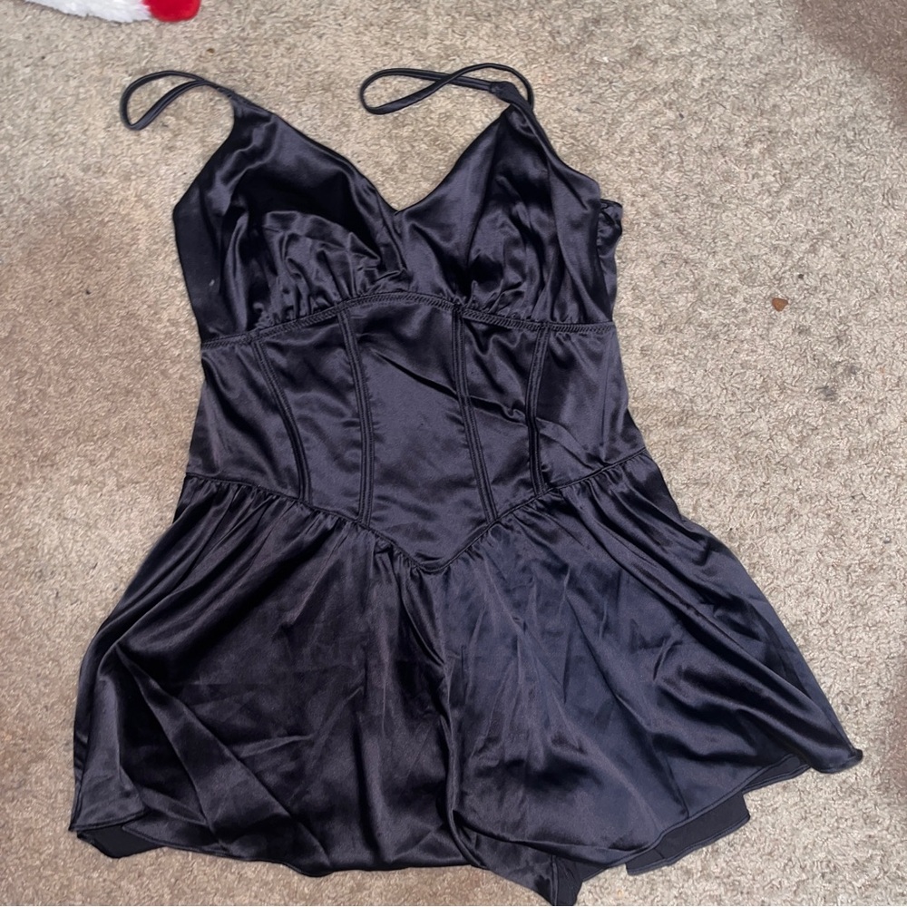 Black Satin Chemise with Ruched Bust and Spaghetti Straps